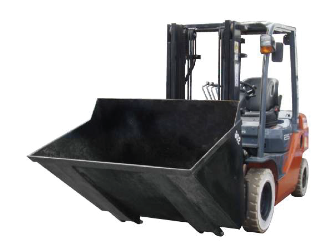 フォークリフトのツメに直接差し込んで固定する「差込バケット」の外観。簡単に着脱可能なアタッチメント。