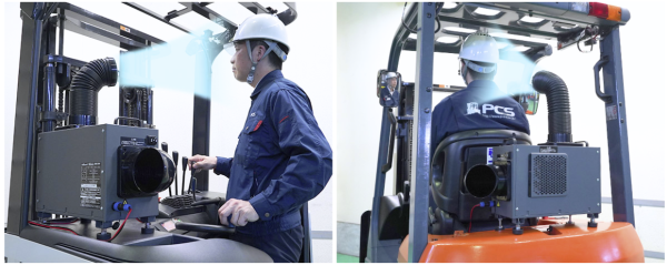 工場や倉庫の作業現場で活躍するフォークリフト用強力スポットクーラー(排熱ダクト付き)の製品写真