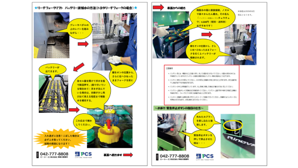 リーチフォークリフトのバッテリー液補水方法をまとめたA4手順書